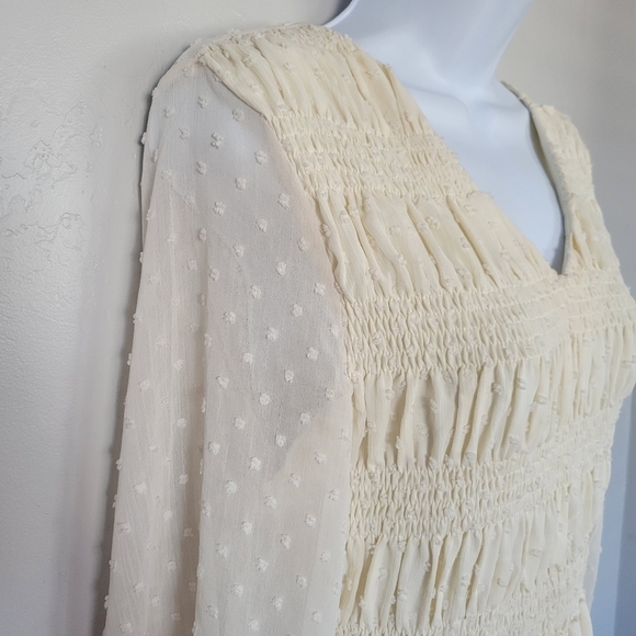 Doublju NWT Ivory White Swiss Dot Dress Long Sleeve Midi V-neck Smocked Bohemian - Picture 5 of 10